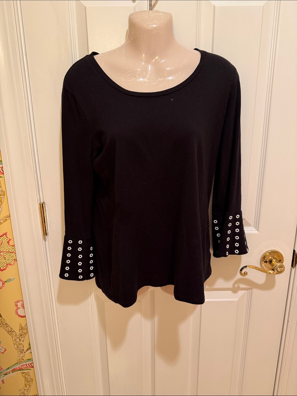 Michale Kors Black Scoop Neck Women's Top with Eyelet Flare Sleeves